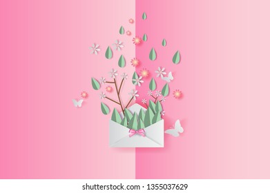 3D Paper art of illustration Spring leaf and flower decoration on placed text background, Paper cut and craft springtime style pastel color,Design by paper letters or envelope concept,sweet,vector.