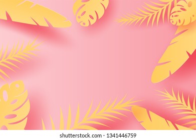 3D Paper art of illustration Summer Tropical leaf palm decoration on placed text background, Paper cut origami exotic Hawaii style forest,Summertime pastel sweet color comfortable for card,vector.