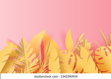3D Paper art of illustration Summer season Tropical leaf palm decoration on placed text space background, Paper cut origami style exotic pastel,Summertime creative idea colorful for card,vector.
