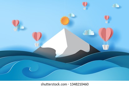 3D paper art of illustration summer season balloons heart floating on sky,  Landscape snowy mountain sea view scene,Creative design Paper cut idea summer time concept,pastel color background vector
