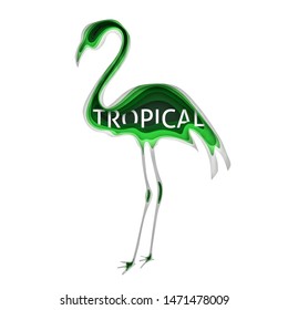 3d paper art illustration. Tropical bird of a flamingo in style paper art. Design layout for banners presentations, flyers, posters and invitations. Vector illustration