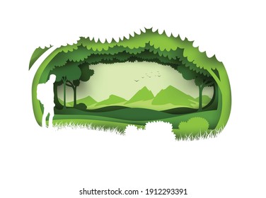 Ilustración vectorial de la capa de arte de papel sobre la naturaleza de los bosques del mundo verde ecología aumento del medio ambiente vida silvestre con antecedentes montañosos