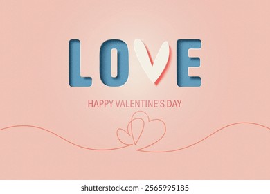 3D Paper art of love calligraphy and lettering. Happy Valentine's Day for greeting card, banner, poster, headers. 3d Paper art craft Vector Illustration.