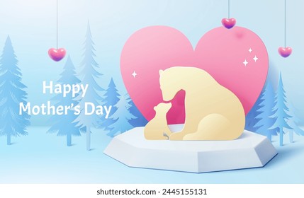 3D paper art Mothers Day card. Polar bear mom and cub on ice block podium in winter forest.