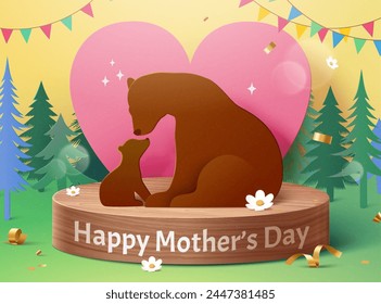 3D paper art Mothers Day card. Brown bear mom and cub on wooden podium with forest background