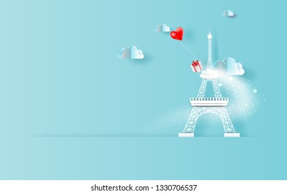 3D Paper art of red balloons heart gift floating in sky with landscape cloudscape view shadow. Scene place for your text space in Eiffel tower Paris travel holiday concept. Blue color pastel.vector.