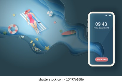 3d paper art of top view women in  summer beach with abstract curve wave blue background.Paper craft summertime top view concept.Creative design summer season for smartphone booking background.vector