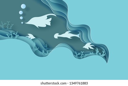 3d paper art of under water Clear sea water with abstract curve blue background.Creative design idea wildlife Funny happy fish under sea for pastel color.Paper craft,cut style illustration.vector 