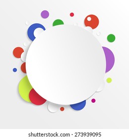 3D paper background with varicolored circles with place for text. Simple and cute vector illustration. Bright background template.