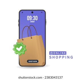 3D Paper bag shopping on the smartphone screen with Green check mark icon, vector 3d isolated for e commerce, delivery, online shopping concept