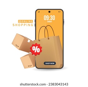 3D Paper bag shopping on the smartphone screen And there is a parcel box or cardboard box placed in front, vector 3d isolated for e commerce, delivery, online shopping concept