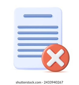 3D Paper Blank with Checklist Symbol. Paper Sheet and Red Check Mark Icon. Checkmark Tick Reject. Wrong Choice. Cancel, Error, Stop, Disapprove Symbol. Vector Illustration