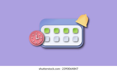 3d calendario en papel marcado fecha y hora para el día del recordatorio en fondo morado. Calendario con reloj para cita programada, día de evento, planificación de vacaciones. Ilustración vectorial del icono de reloj de alarma de 3.ª