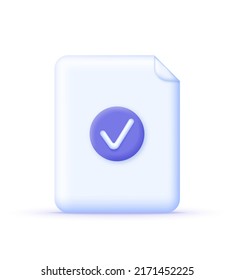 Icono de papel 3D y marca de verificación aislado en fondo blanco. Icono aprobado. Archivo, lista de verificación, documento, formulario, plan. Oferta de contrato y firma de documentos. Se puede usar para muchos fines. Vector de estilo 3d