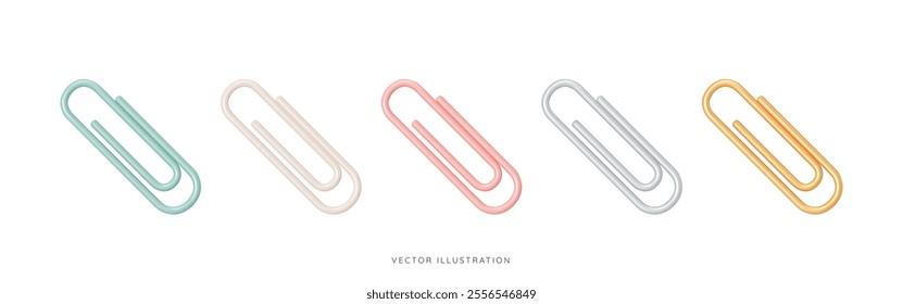 3D Paper clip emoji icon set. Office paperclip in blue, pink, gold, silver and beige colors. School supplies. Stationery elements. Cartoon design objects isolated on white. 3D Vector Illustration