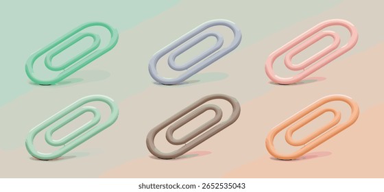 Conjunto de ícones emojis de clipe de papel 3D. Clipe de papel de escritório em azul, rosa, ouro, prata e bege cores