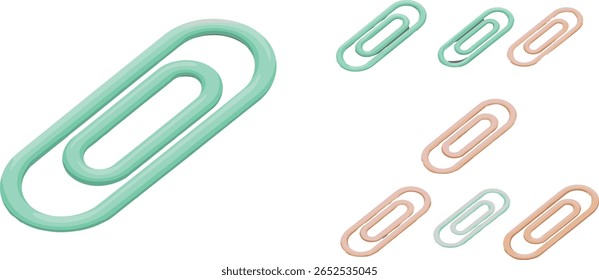 Conjunto de ícones emojis de clipe de papel 3D. Clipe de papel de escritório em azul, rosa, ouro, prata e bege cores