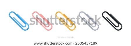 3D Paper clip emoji icon set. Office paperclip in blue, pink, yellow, silver and black colors. School supplies. Stationery elements. Cartoon design objects isolated on white. 3D Vector Illustration