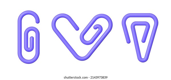 3d paper clip set for paper design. Realistic 3d sign. Isolated vector illustration