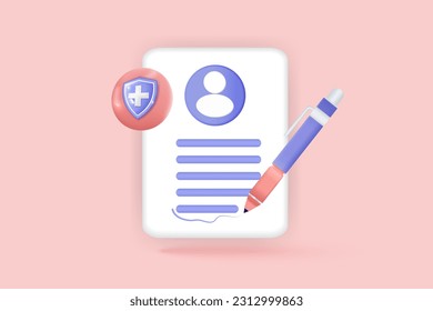 3d Paper clipboard document management task note todo check list with safety sign and pencil, business plan, fast work, success, assignment, time management. 3d vector render with pink background