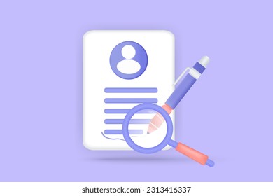 3d Paper clipboard document management task note todo check list with searching database and pencil, Project plan, fast work, success, time management. 3d vector render with purple background