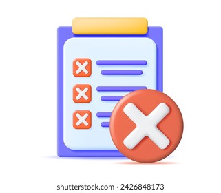 3D Paper Clipboard Holder with Checklist Symbol. Clipboard with Paper Sheet and Red Check Mark Icon. Checkmark Tick Reject. Wrong Choice. Cancel, Error, Stop, Disapprove Symbol. Vector Illustration