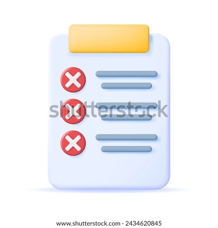 3D Paper Clipboard Holder with Checklist Symbol. Clipboard with Paper Sheet and Red Check Mark Icon. Checkmark Tick Reject. Wrong Choice. Cancel, Error, Stop, Disapprove Symbol. Vector Illustration