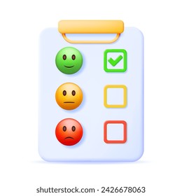 3D Paper Clipboard Holder with Smile Emoticons Checklist. Render Clipboard with Paper Sheet Positive, Neutral and Negative. Testimonials Rating, Feedback, Survey, Quality, Review. Vector Illustration