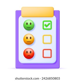 3D Paper Clipboard Holder with Smile Emoticons Checklist. Render Clipboard with Paper Sheet Positive, Neutral and Negative. Testimonials Rating, Feedback, Survey, Quality, Review. Vector Illustration