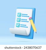 3d paper clipboard task management todo check list with pencil, pencil note, exam paper checklist icon. 3D Rendering. Vector illustration