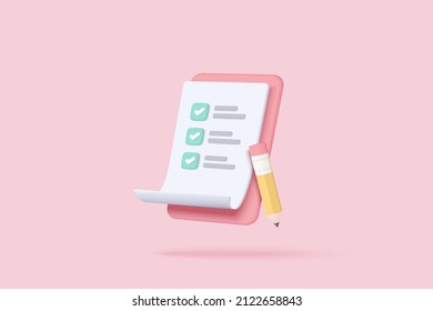 3d paper clipboard task management todo check list and pencil  fast work project plan  fast progress  level up concept  3d pencil note  exam paper checklist icon  3d vector render pink background