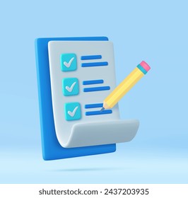 3d paper clipboard task management todo check list with pencil, pencil note, exam paper checklist icon. 3D Rendering. Vector illustration