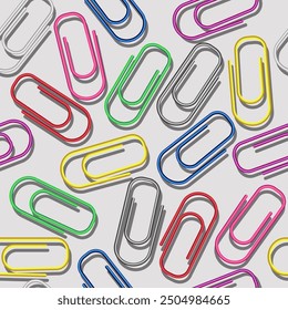 3d paper clips seamless pattern. Colorful bright clips seamless background. Colored paperclip background with shadows. Business or education background. Diversity and creativity concept.
