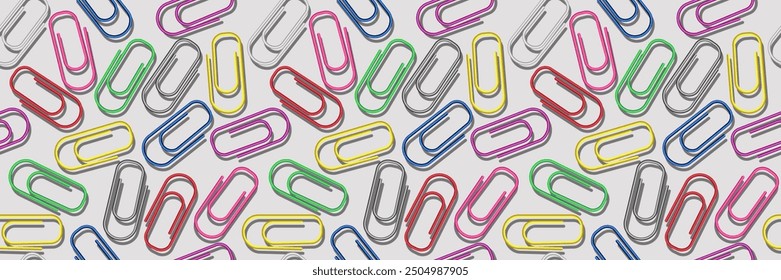 Patrón transparente de Clips de papel 3D. Colorido fondo transparente de Clips brillantes. Fondo de clip de color con sombras. Antecedentes empresariales o educativos. Concepto de diversidad y creatividad.