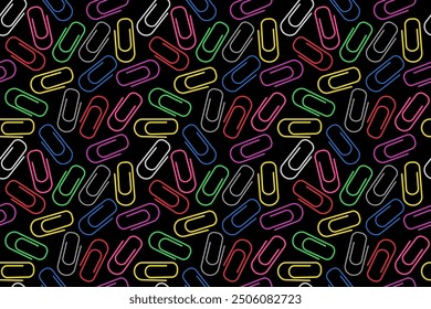 3d paper clips seamless pattern. Colorful bright clips seamless background. Colored paperclip black background. Business or education background. Diversity and creativity concept.