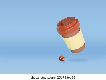 3d  paper coffee cap with coffee bean. Takeaway cardboard hot drink package with lid and coffee grain. Concept vector