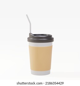 3D paper coffee cup with a straw. Vector illustration.