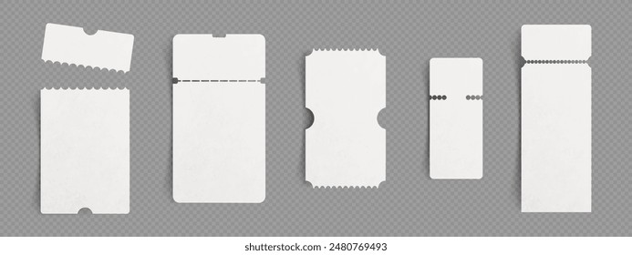 3d paper coupon or cinema ticket mockup template. Blank travel voucher or price tag sticker isolated vector design. Premium theatre or airplane pass label. Empty discount guarantee lottery mock up