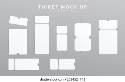 3d paper coupon or cinema ticket mockup template. Blank travel voucher or price tag sticker isolated vector design. Premium theatre or airplane pass label. Empty discount guarantee lottery mock up