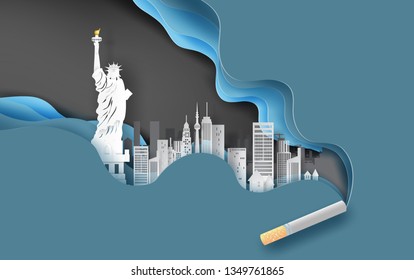 Diseño de papel 3d y arte de cigarrillos con concepto de paisaje urbano.Fondo azul de onda curva abstracta,Paisaje urbano en nueva york usa. Diseño creativo para fumar idea color pastel simple.papel cortar.ilustración.vectorial