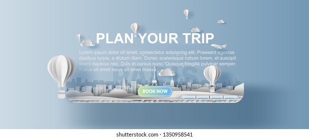 3D Paper craft and cut of Panorama Traveling holiday vacation landmarks Eiffel tower Paris city France,Creative Travel holiday time smartphone booking plan trip concept,paper art.illustration.vector.