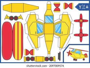 3d paper craft kids actives worksheet. Cut and glue toys plane. Children riddle and education puzzle. Vector printable template actives page.