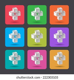 3d paper cube icons. 9 colored icon set.  Geometric symbol with shadow. Vector isolated. 10 eps