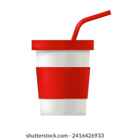 
3d Paper Cup with Drinking Straw. Glass Icon in Cartoon Style. Vector Illustration.