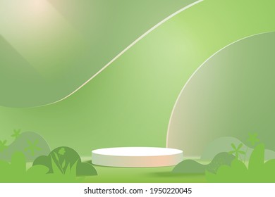 3d Paper cut abstract minimal geometric shape template background.White cylinder podium on green nature landscape.Vector illustration.