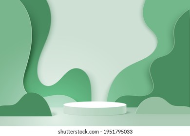 3d Paper cut abstract minimal geometric shape template background.White cylinder podium on green nature wavy layer background.Vector illustration.