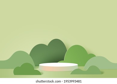 3d Paper cut abstract minimal geometric shape template background.White cylinder podium on green nature landscape.Vector illustration.