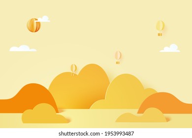 3d Paper cut abstract minimal geometric shape template background.Hot air ballons flying on mountains,clouds and yellow color pastel sky paper art style.Vector illustration.