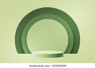 3d Paper Cut Abstract Minimal Geometric Shape Template Background.Green Cylinder Podium On Green Circle Background.Vector Illustration.