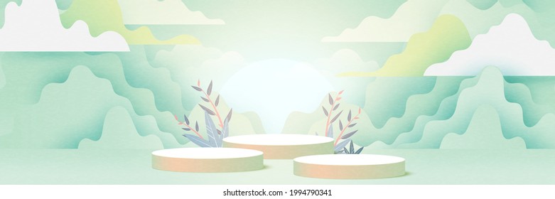 3d Paper cut abstract minimal geometric shape template background.Cylinder podium on green nature landscape mountains and clouds background.Vector illustration.